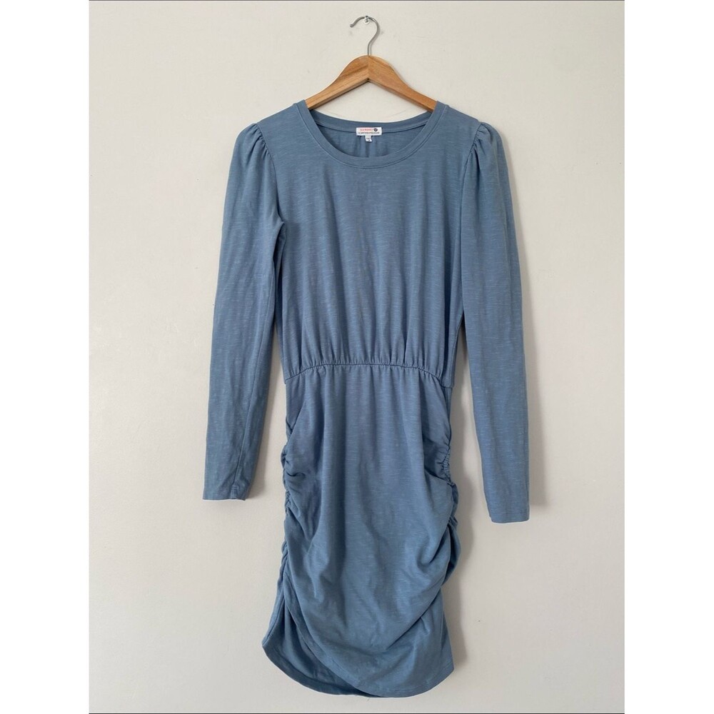 Anthropologie Sundry Shirred Mini Dress Sea Blue Sz 2 Minimal Chic Effortless